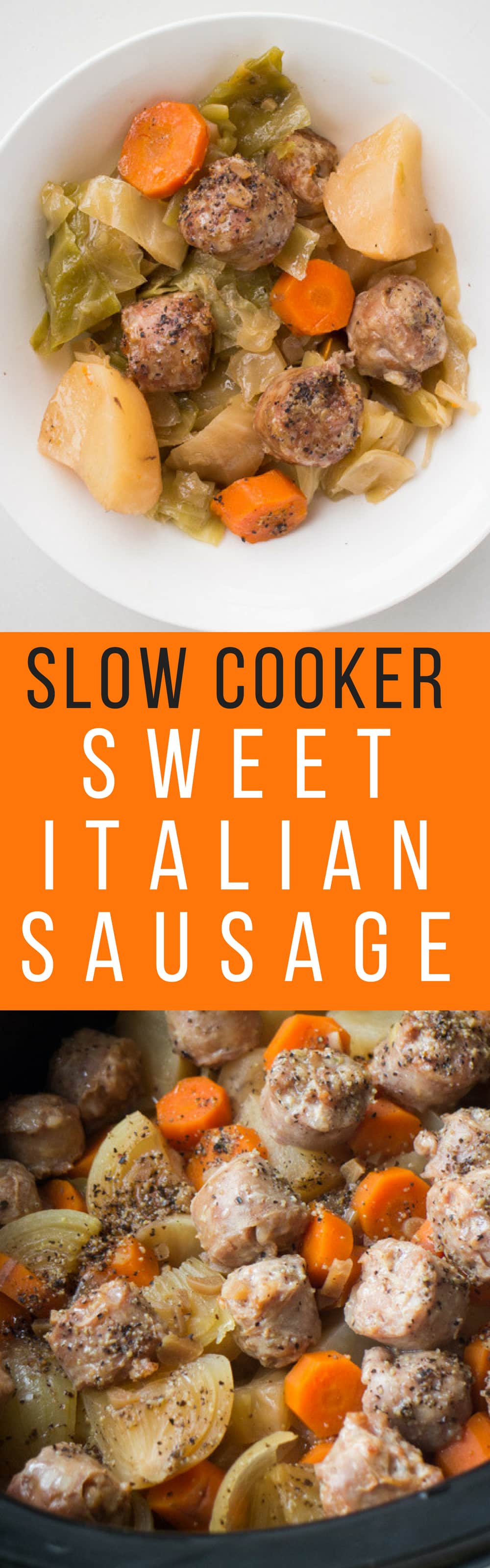 Slow Cooker Sausage and Cabbage is a easy crock pot recipe ready in 6 hours! Add Sweet Italian Sausage links and vegetables (potatoes, cabbage, carrots and onion!) into your slow cooker for a delicious comfort meal!