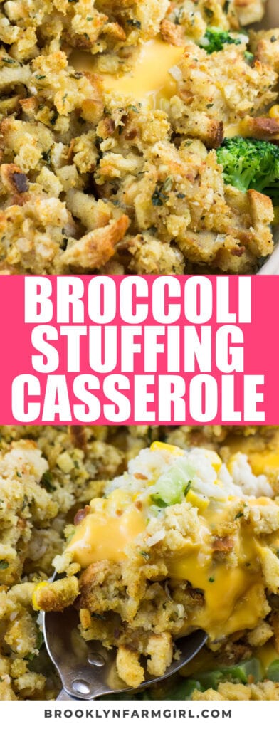 Stove Top Stuffing Broccoli Casserole is made with frozen vegetables, stuffing, rice and cheese!  My family loves this cheesy stuffing casserole!