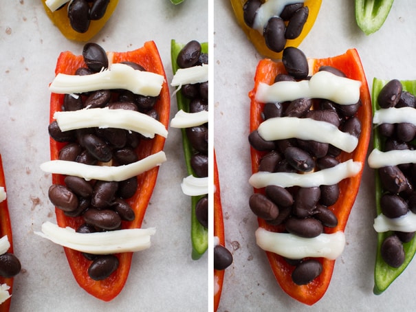 cheese slices added on top of beans in peppers, before and after of cheese melted.