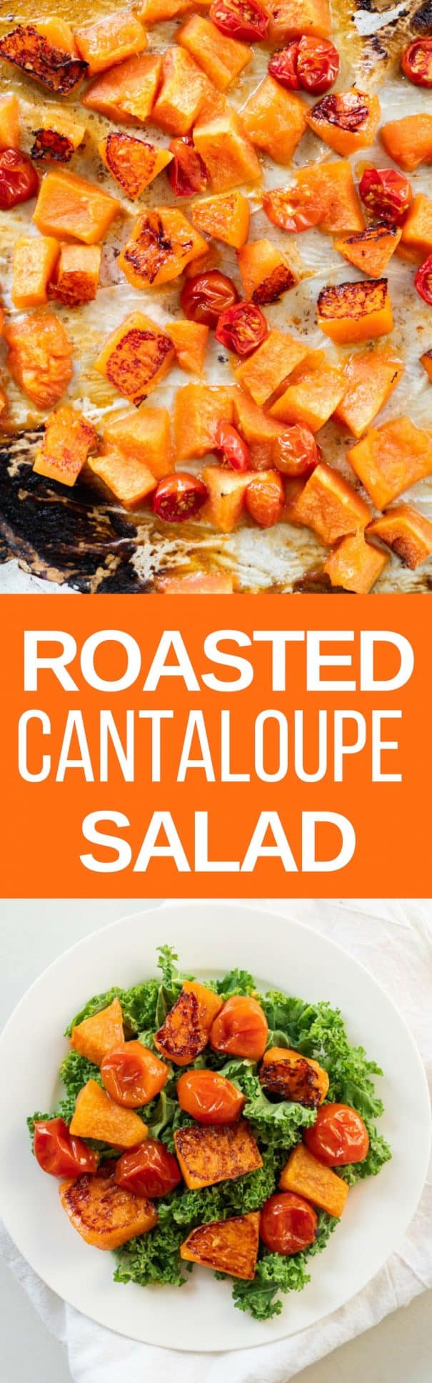 Healthy Roasted Cantaloupe Salad recipe made in 30 minutes.  It's an easy savory and sweet melon tomato salad! I love this recipe for our garden Summer fruit!  This salad is vegetarian, vegan and gluten free.