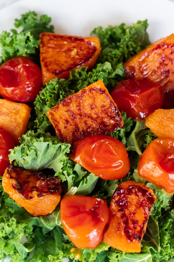 Healthy Roasted Cantaloupe Salad recipe made in 30 minutes.  It's an easy savory and sweet melon tomato salad! I love this recipe for our garden Summer fruit!  This salad is vegetarian, vegan and gluten free. 