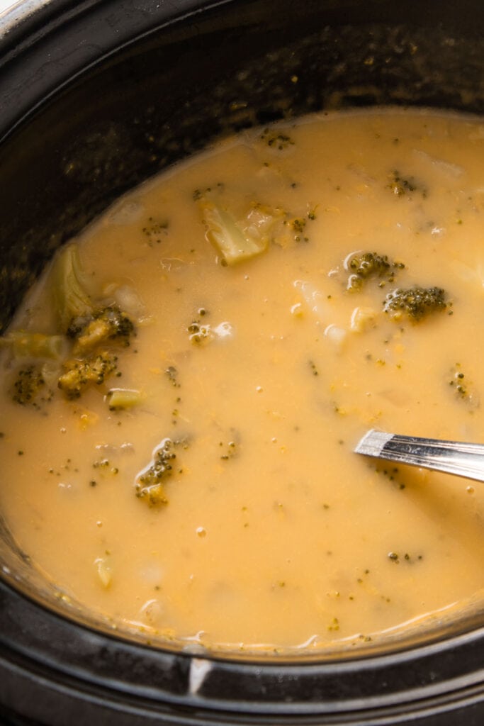 slow cooker with creamy soup in it.