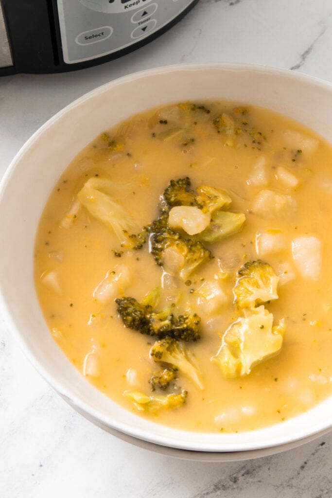bowl of cheesy potato broccoli soup