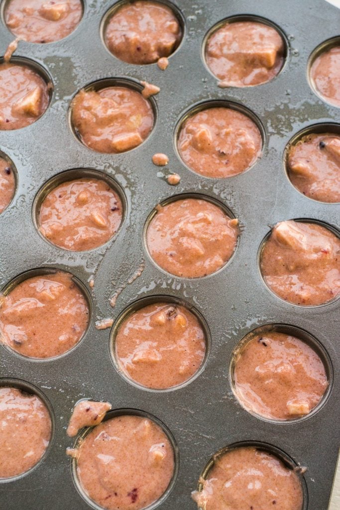 mini muffin pan filled with batter.