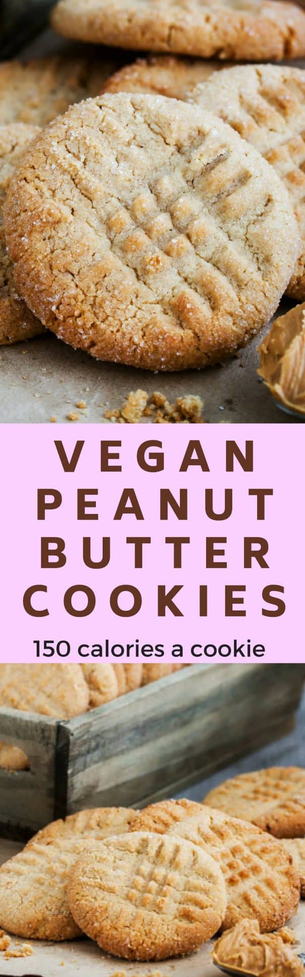 Super soft vegan peanut butter cookies recipe!  This easy 1 bowl vegan cookies recipe makes 18 cookies, each at 150 calories, making them a guilt free dessert!  Cookies are ready in 12 minutes!  
