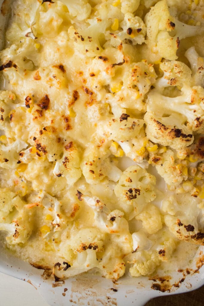 cheesy cauliflower in baking dish.