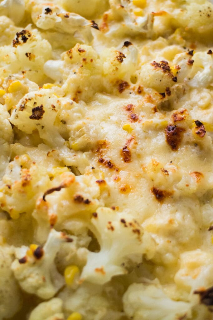 closeup of cheesy cauliflower.