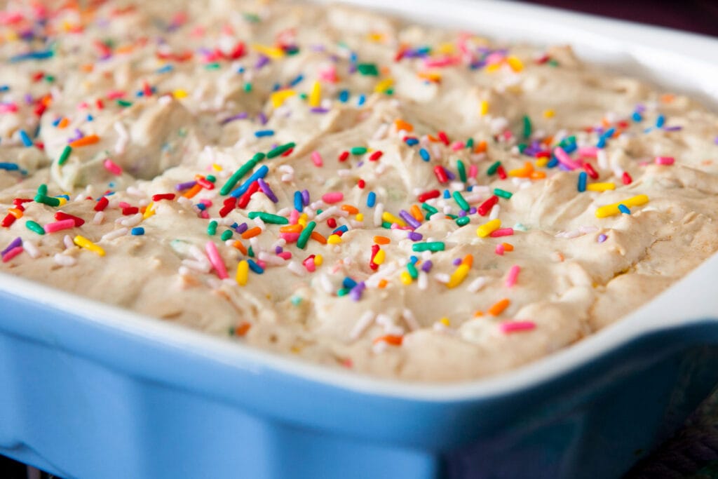 blue baking dish baked cake batter brownies.