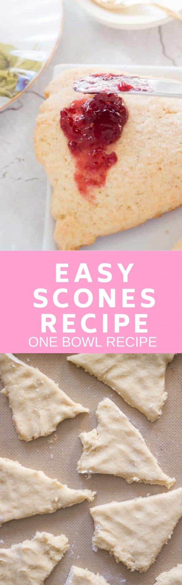 You only need one bowl for this Easy Scones Recipe! The secret to this homemade recipe is sour cream which makes light scones!  Serve these crumbly English soft scones with clotted cream, jam and tea!  You can add blueberry or raspberry to them to make them berry flavored! 