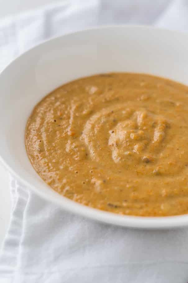 Roasted Eggplant Soup recipe made with eggplant, carrots and garlic.  This creamy healthy soup is easy to make and only 222 calories a serving. It's one of my family's favorite suppers!  Recipe is vegetarian and can easily be made vegan. 