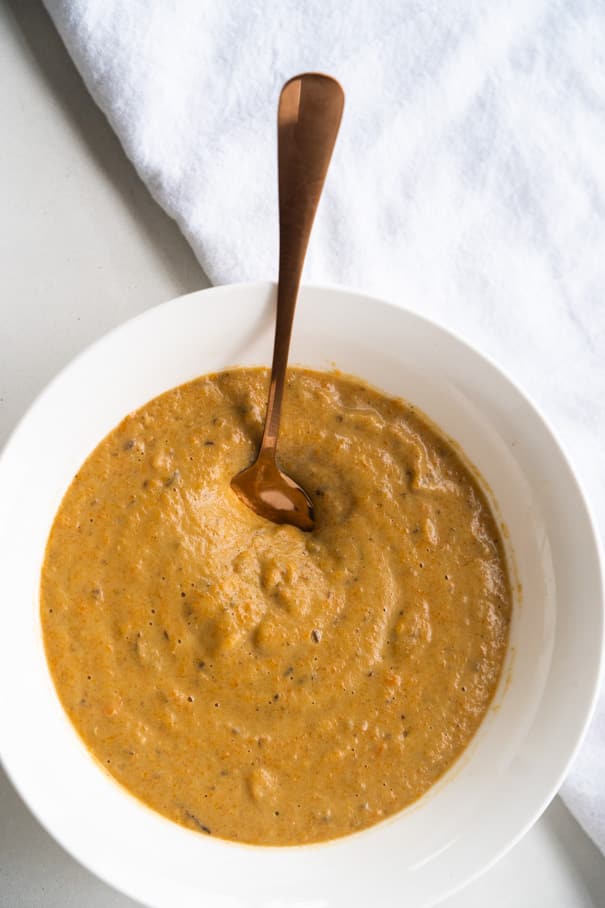 Roasted Eggplant Soup recipe made with eggplant, carrots and garlic.  This creamy healthy soup is easy to make and only 222 calories a serving. It's one of my family's favorite suppers!  Recipe is vegetarian and can easily be made vegan. 