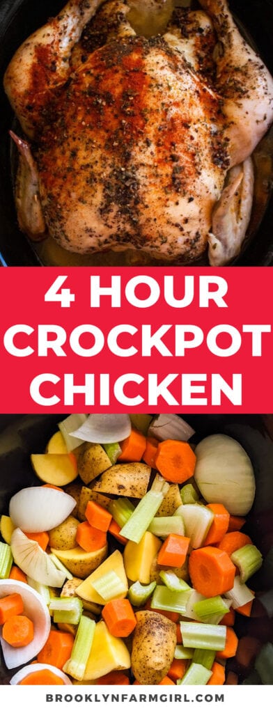 Juicy Slow Cooker Whole Chicken recipe, made in 4 hours in the crockpot.  This easy recipe makes chicken and vegetables for a complete meal. 