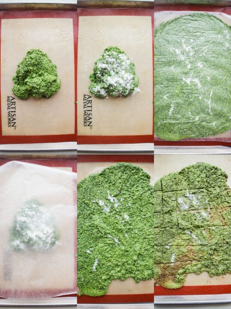 step by step instructions with cracker dough on silicone baking sheet.