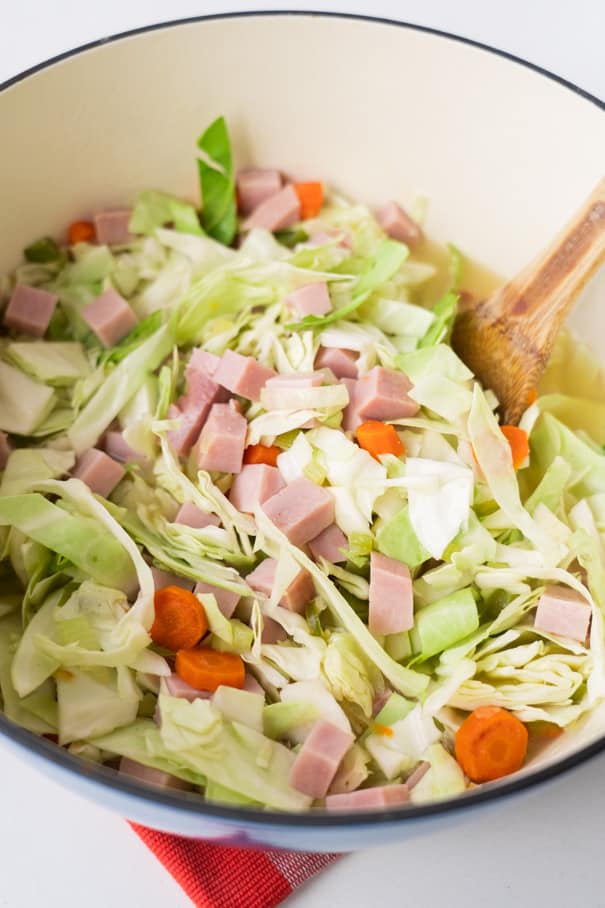 This healthy ham and cabbage soup is a mix of carrots, celery, bell pepper, onion, cabbage and ham, all simmered together in a savory broth. A quick and easy comforting meal that’s full of flavor!