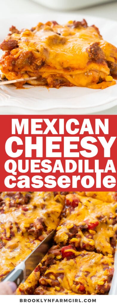 This Quesadilla Casserole is an easy Mexican casserole recipe that includes layers of tortillas, ground beef, black beans, corn and cheese, all made into a perfect quesadilla bake.  A quick and simple meal that the whole family will love!