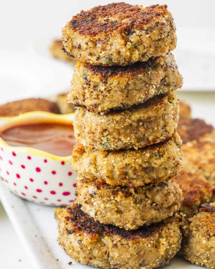stack of eggplant nuggets. 