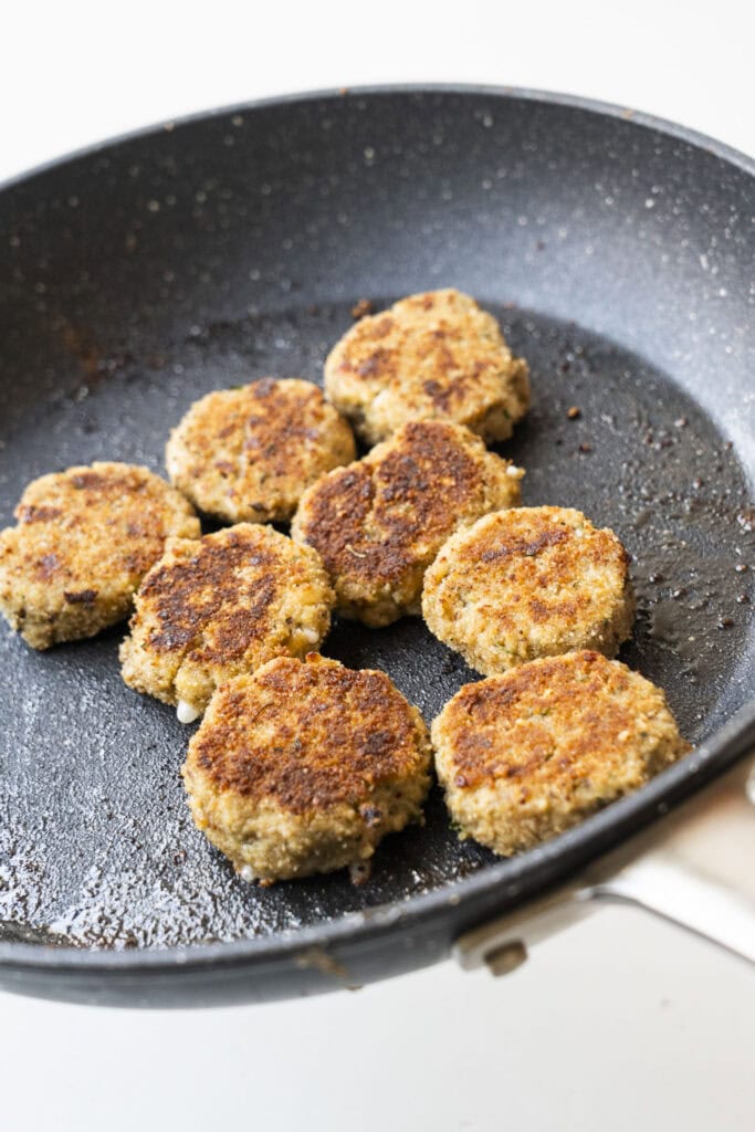 eggplant nuggets brownd in skillet. 