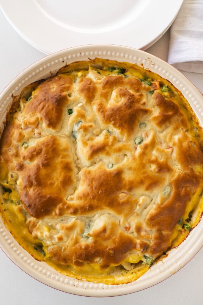 pie pan filled with cooked pot pie.