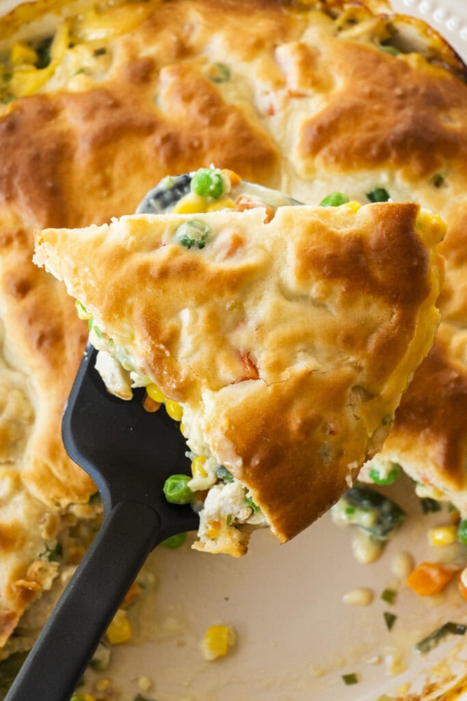 spatula filled with a slice of chicken pot pie.