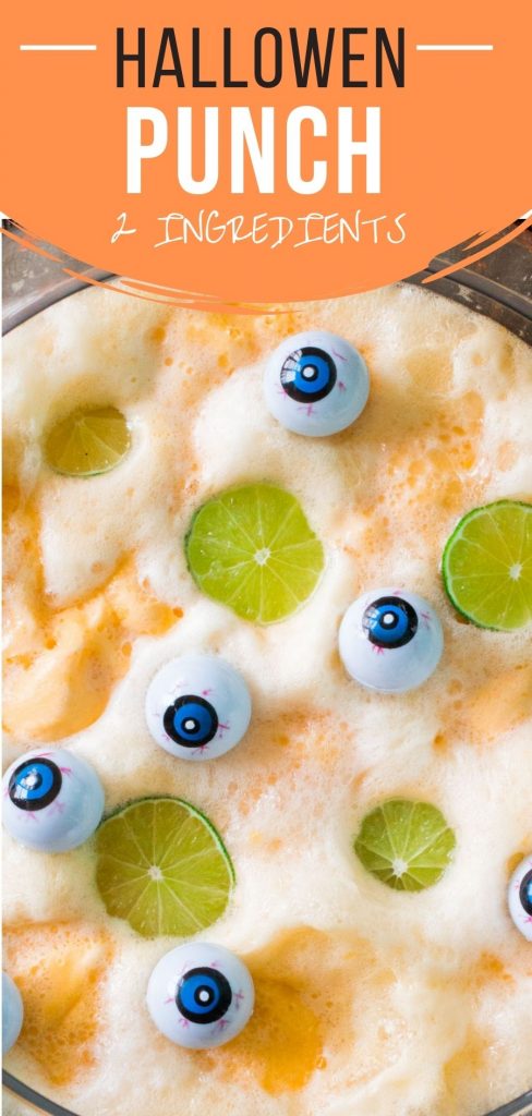 Halloween Punch made with orange sherbet and 7UP is an easy non-alcoholic party drink everyone will love. This spooky drink is decorated with eyeballs on top!