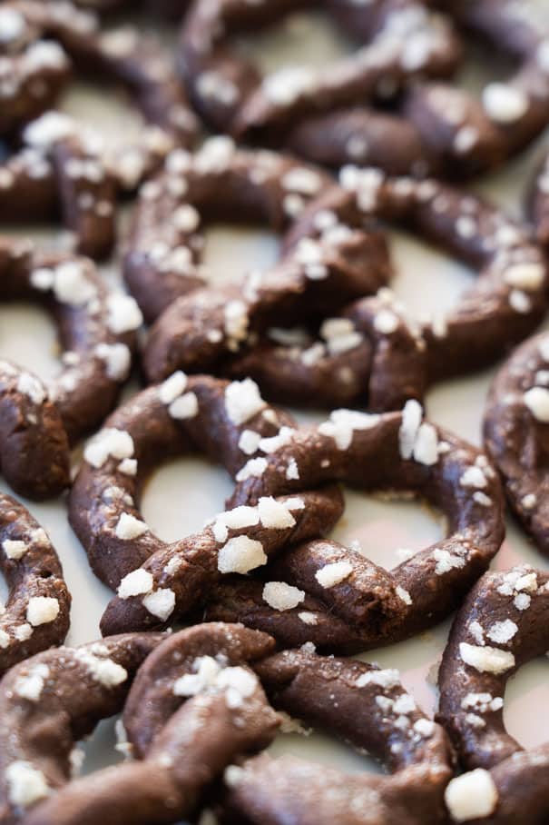 Chocolate Pretzel Cookies is a easy to make Christmas Cookie recipe.  They taste like soft chocolate sugar cookies in a cute pretzel shape.  Coarse sugar is sprinkled on top.  Recipe makes 20 cookies.