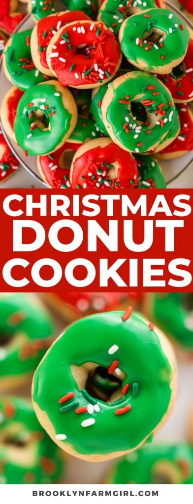 Easy to make Christmas Donut Cookies recipe.   Each sugar cookie is decorated with icing and sprinkles to look like a donut.  If you're looking for the cutest homemade Christmas cookie recipe - this is it! 