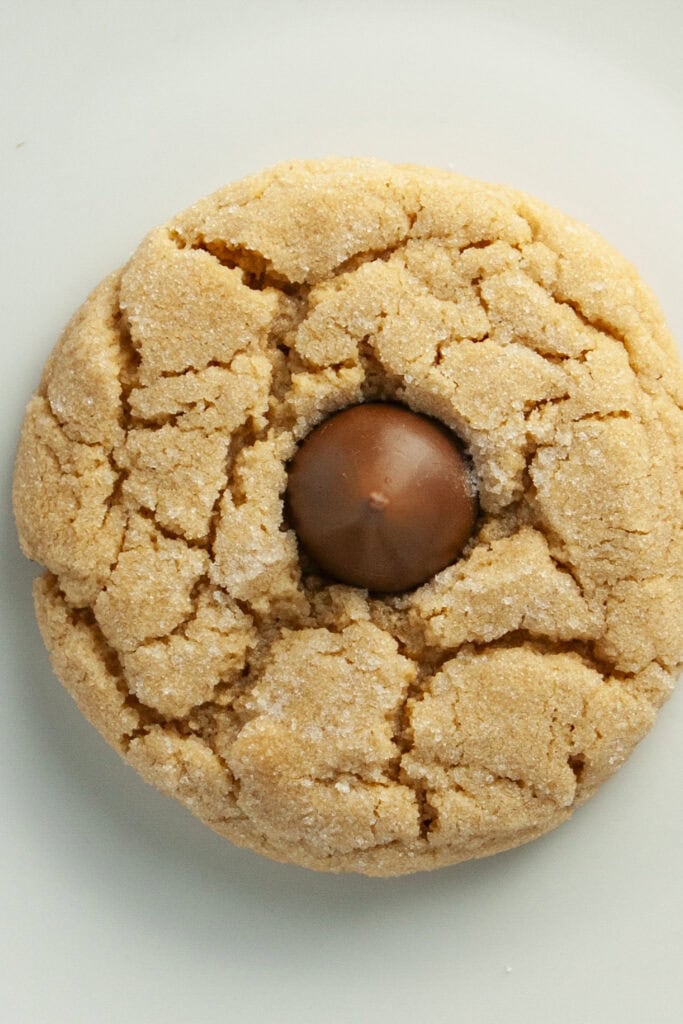 closeup of peanut butter blossom cookies.