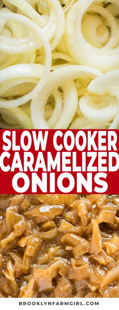 Slow Cooker Caramelized Onions, cooked on high for 5 hours.  Just mix yellow onions, butter, sugar and salt in a crockpot and come back to delicious buttery sweet caramelized onions! Freeze in ice cube trays to keep them for months.  Save this recipe if you are growing onions in your garden!