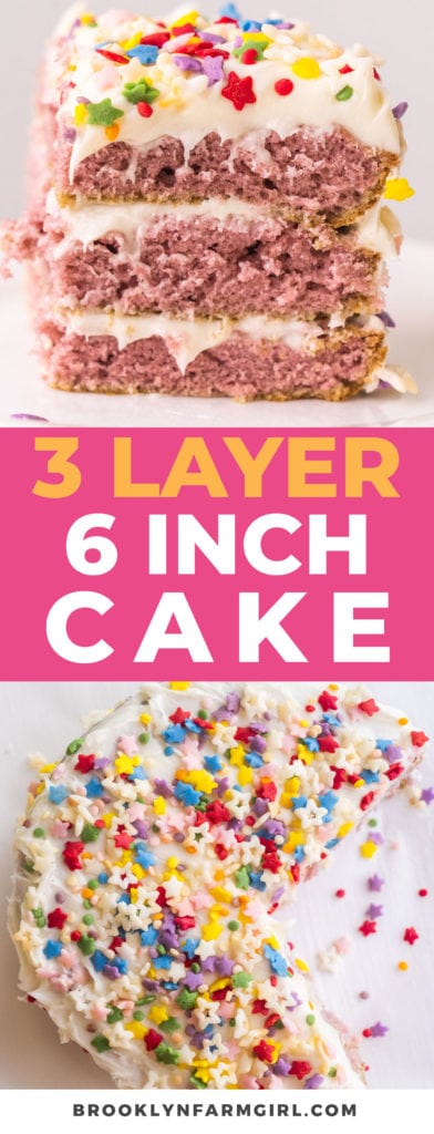 6 Inch Cake recipe makes a perfect homemade 3 layer small birthday cake.   This easy to make mini cake recipe is covered in vanilla frosting and sprinkles!  Great for a small family cake!