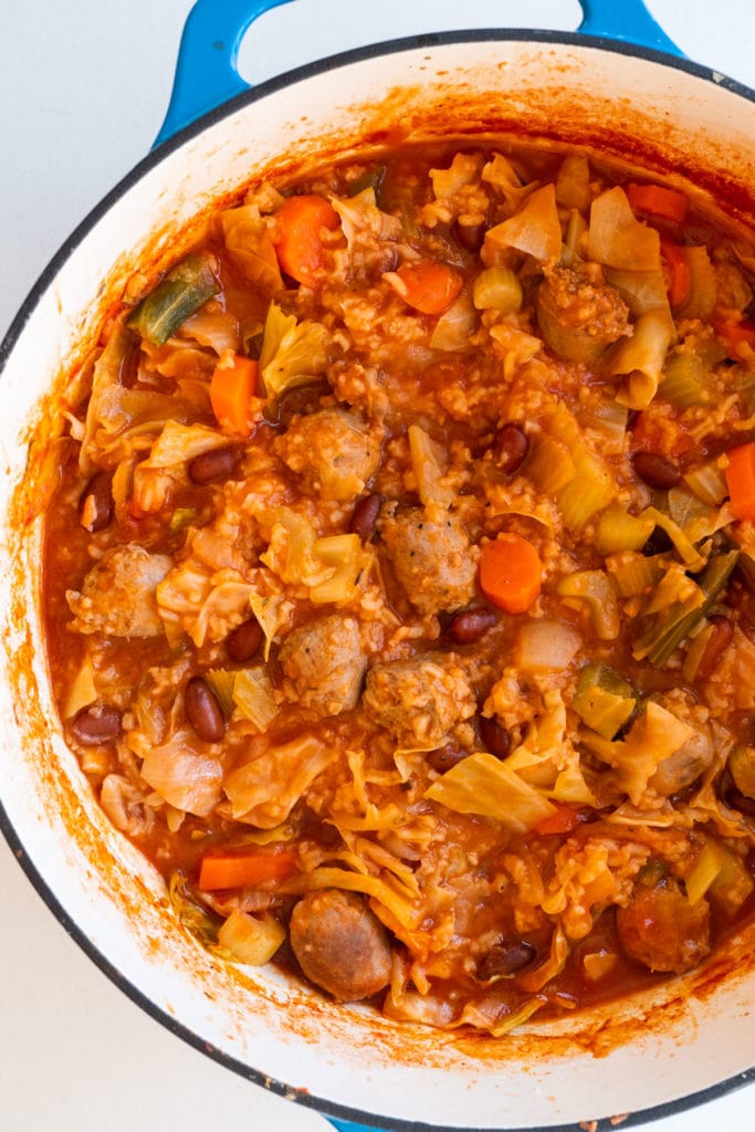 Delicious Polish Sausage and Cabbage Soup made on the stovetop.  This easy hearty sausage soup recipe will make any Polish Grandma proud!  