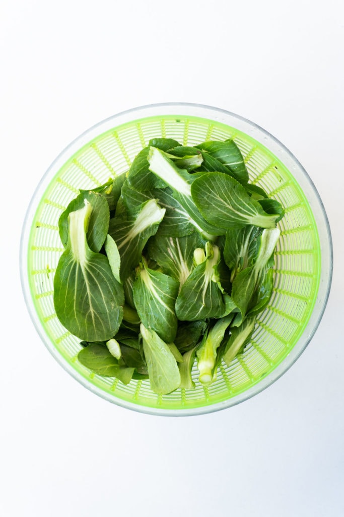 clean bok choy in salad spinner