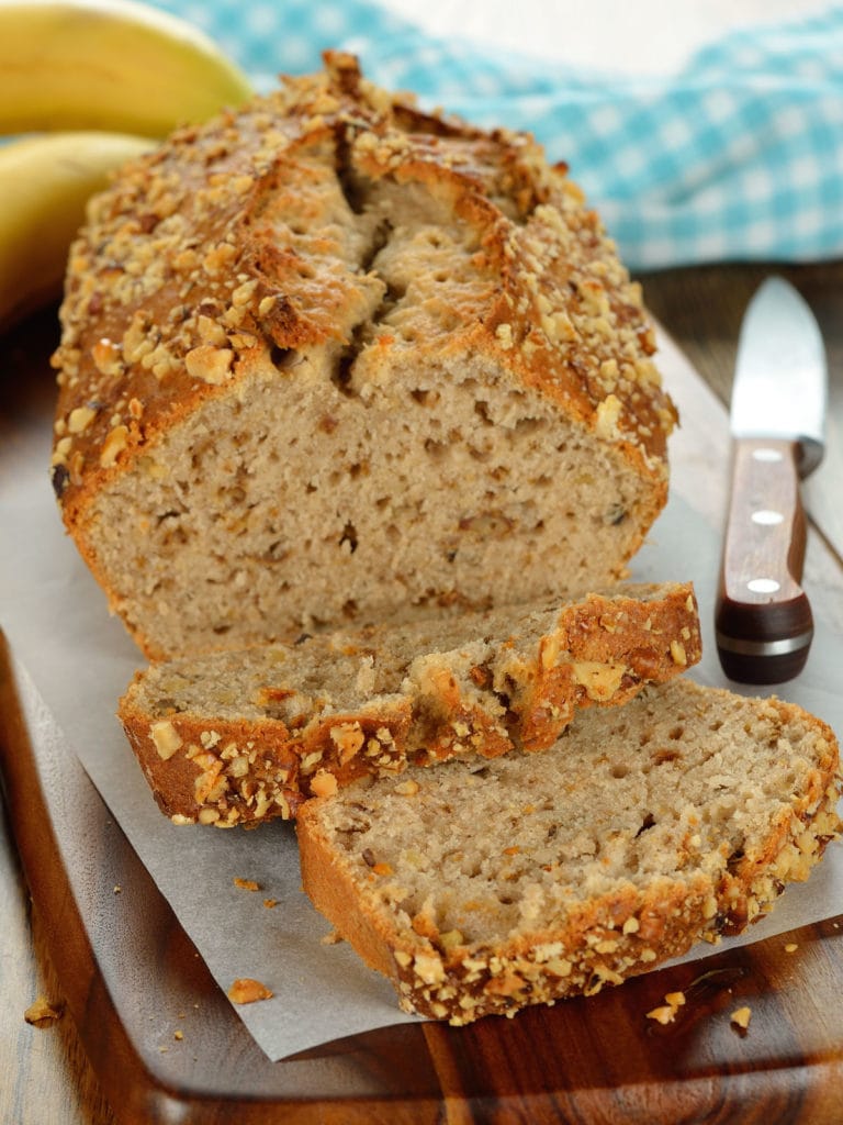 NO BUTTER Banana Bread recipe is easy to make and makes a fluffy, moist bread!   It's so good you won’t miss the butter at all (also easy to make vegan). 