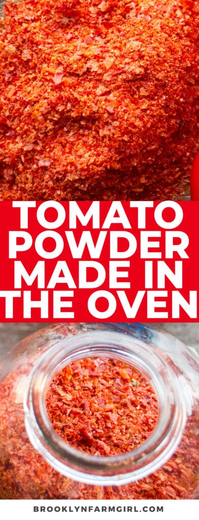Turn your tomato skins into tomato powder by baking them in the oven or food dehydrator and then grinding into a powder.  This is great no waste recipe that every gardener needs to make! 
