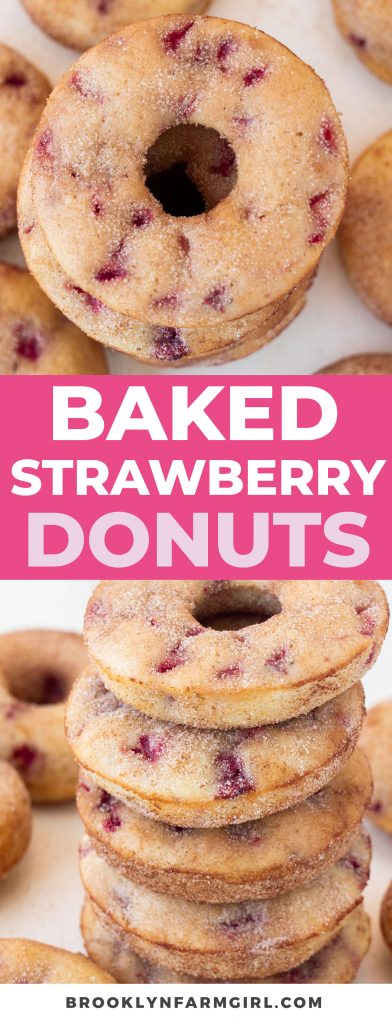 Baked strawberry donuts recipe using fresh strawberries.  These homemade donuts are soft, moist, fluffy and covered in cinnamon sugar!  