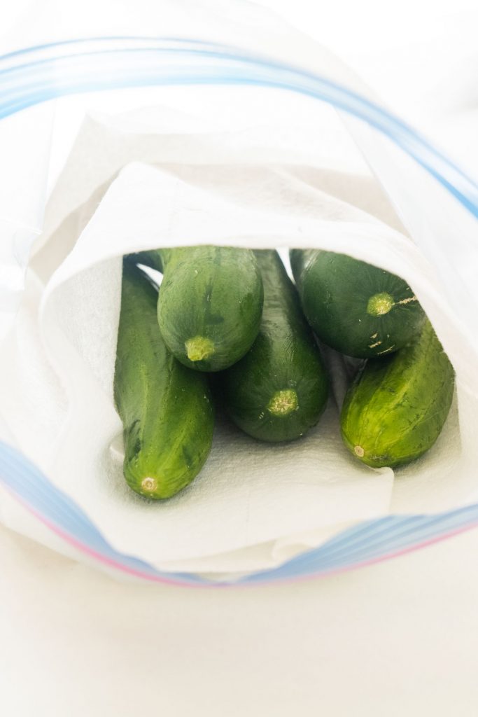 cucumbers stored in plastic bag with paper towels in plastic bag