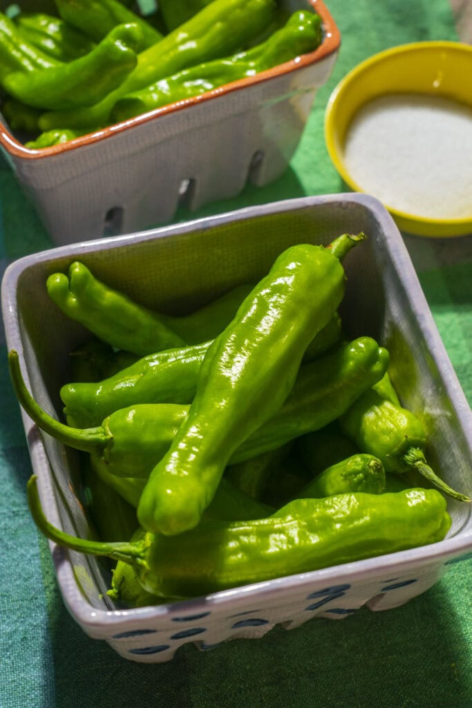 shishito peppers on small bowl on table. 