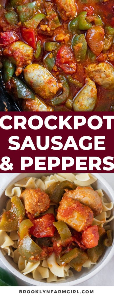 Easy to make Slow Cooker Sausage and Green Peppers served over pasta recipe. This crockpot meal is made with 5 green peppers, onions and Italian Sausage, ready in 7 hours.

