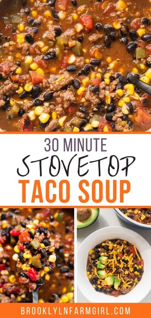 Easy Stovetop Taco Soup recipe, ready in 30 minutes.  This soup is delicious, made with ground beef and other simple ingredients.  Your entire family, including the kids, will devour their bowls! 