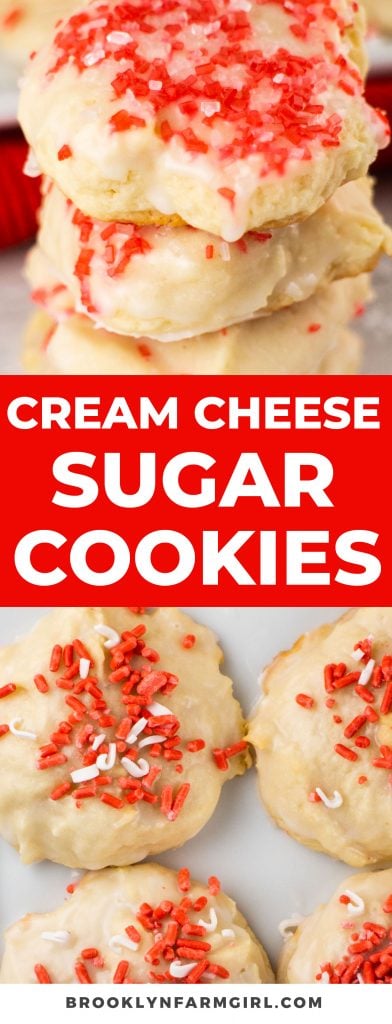 CREAM CHEESE Christmas Sugar Cookies! These easy to make holiday cookies are so soft because they're made with cream cheese! Dip each cookie into vanilla sugar glaze and top with red and white sprinkles! Recipe makes 48 cookies. 