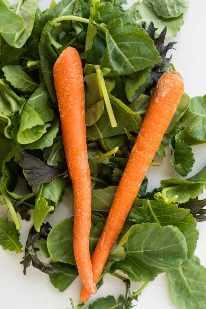 2 carrots sitting on baby kale on white table