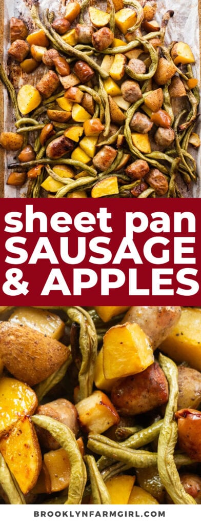 Easy Sausage, Green Beans, Potatoes and Apple Sheet Pan Meal, ready in 30 minutes.  Throw everything on one pan, cook it and a healthy dinner is ready!