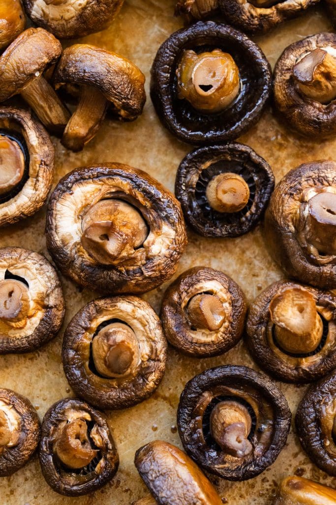 roasted mushrooms on baking sheet