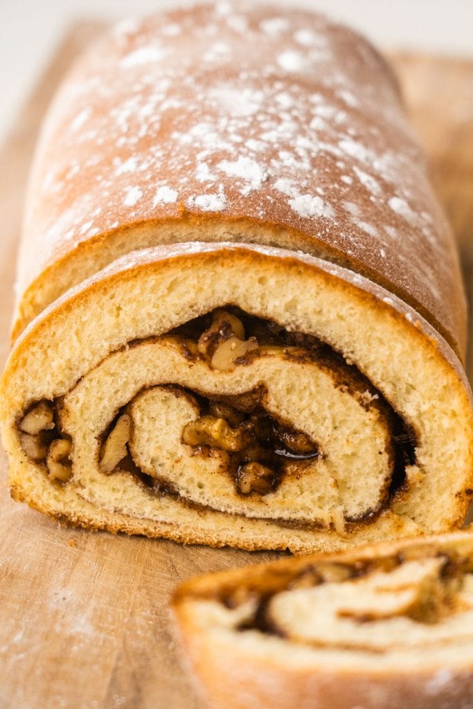 cinnamon swirl bread with powdered sugar on top