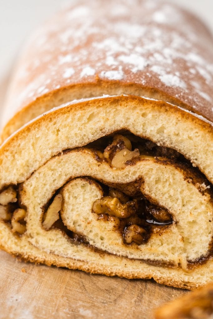 closeup of gooey cinnamon swirl bread 