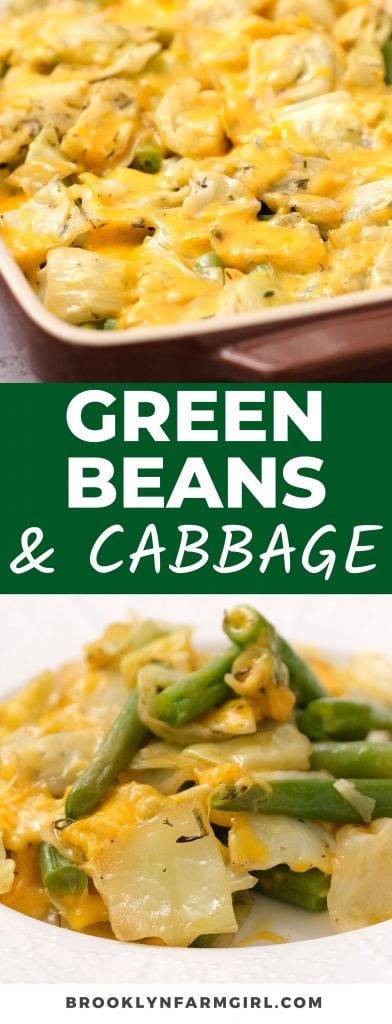 Cheesy Green Beans and Cabbage Casserole is an easy recipe that can be served as a main or side dish.  Fresh green beans and cabbage are baked with shredded cheese on top! 