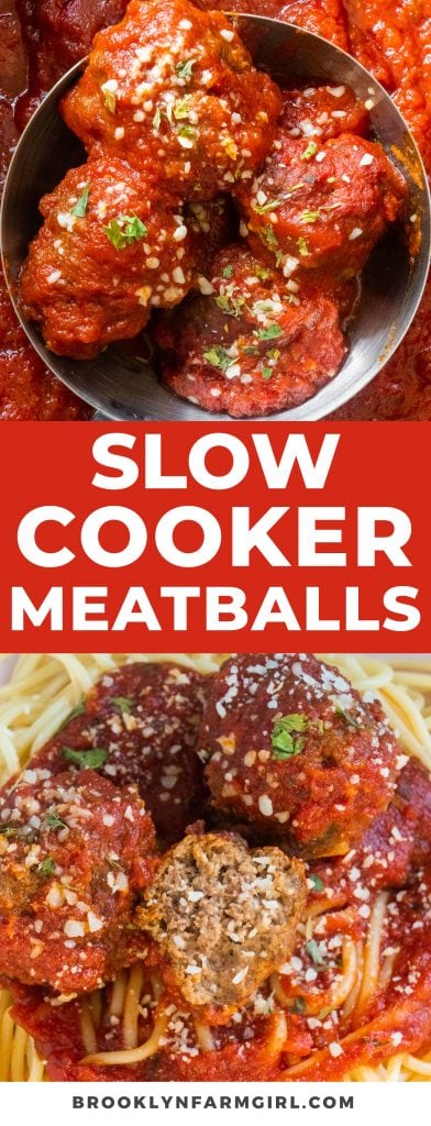 Easy to make Slow Cooker Meatballs cooked in a tomato sauce, ready in 6 hours.  Serve with spaghetti for a simple Italian meal.