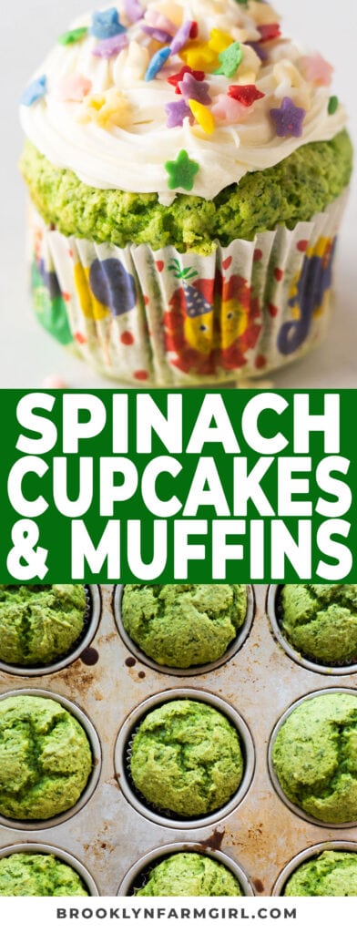 Naturally green cupcakes made with fresh spinach. Spinach is mixed with applesauce and cake mix, baked in a cupcake tin and then and then you can top with frosting for cupcakes, or just eat them as spinach muffins - up to you!   This is a great way to get kids to eat more veggies!