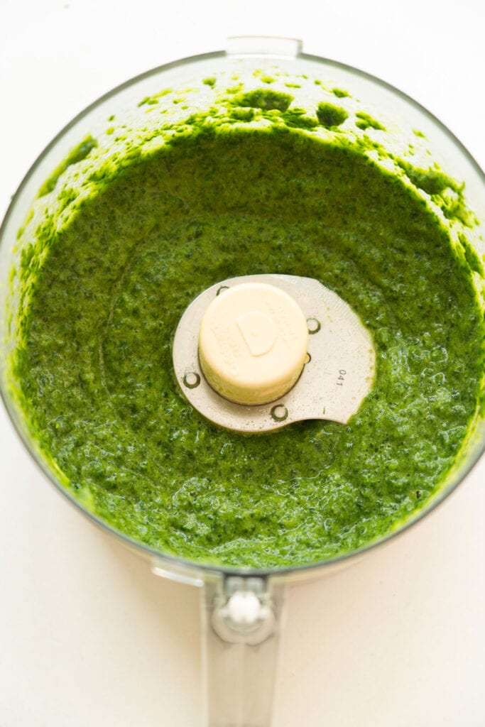 pureed spinach mixture in food processor.