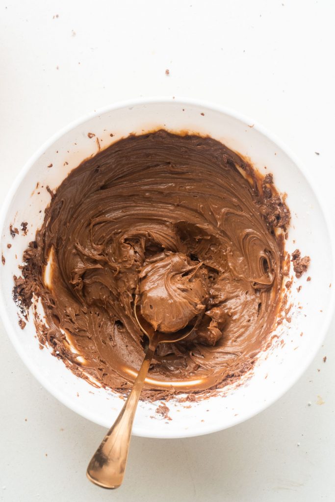 bowl of buttercream chocolate frosting