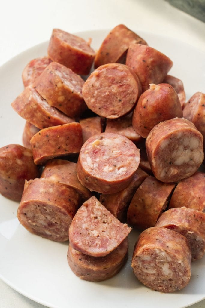 pieces of 1 inch size sausage in bowl. 